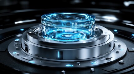 High-tech, futuristic, circular device with glowing blue elements.  Clear glass component in the center