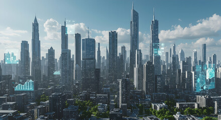 Futuristic Urban Cityscape with Skyscrapers and Digital Elements