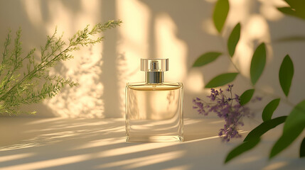 Glass Perfume Bottle with Green and Purple Flowers in Sunlight