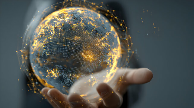 The digital globe in hand represents global connectivity and technological progress