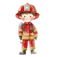 watercolor illustration of boy Firefighter clipart isolated