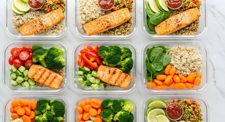 Healthy meal prep containers arranged in a grid on marble background.