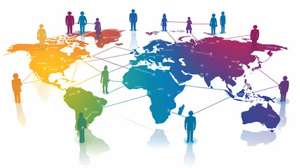 Obraz premium Global Network Connection: Colorful World Map with Interconnected People