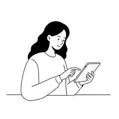 Woman smiling while using a tablet at a simple backdrop  