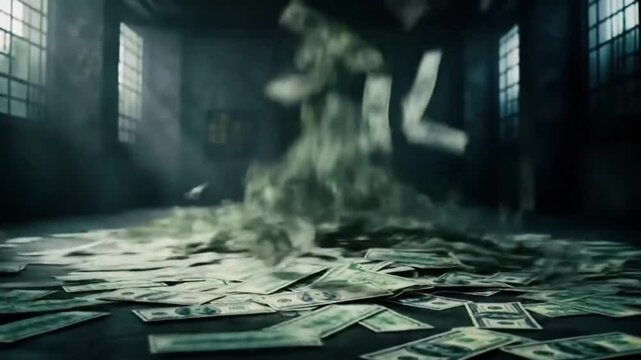 Money falling from the ceiling in a dark room with windows and money on the floor in a pile