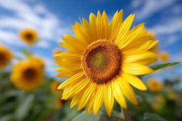 Fototapeta premium An artistic portrait of a sunflower head in full bloom, bright yellow petals against a blue sky backdrop, sharp detail and vivid colors.