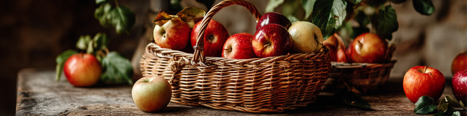 Wicker fruit basket filled with fresh apples on table