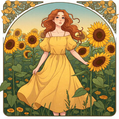 Radiant red-haired woman in a yellow dress amidst a vibrant field of sunflowers
