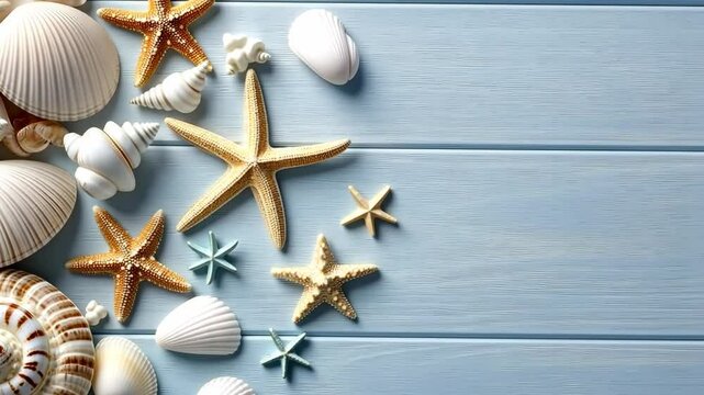 A delightful assortment of colorful seashells and charming starfish beautifully arranged on a vibrant blue wooden surface, perfect for a beach-themed display