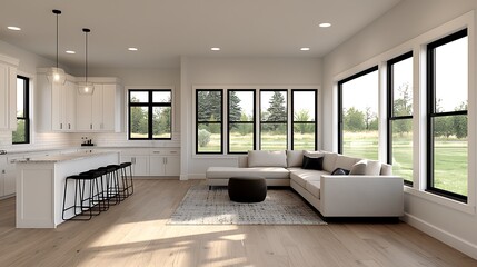 Bright Modern Living Space with Open Kitchen and Large Windows Showcasing Serene Outdoors, Perfect Home Design.