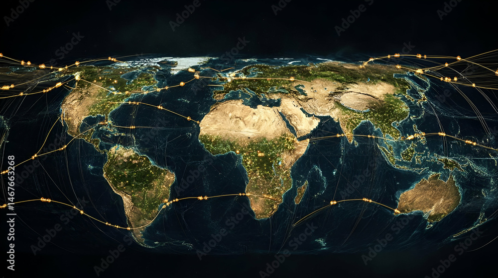 Poster global network connections illuminated world map