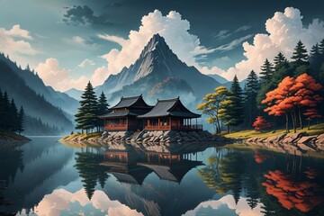 painting of a mountain scene with a pagoda and a lake