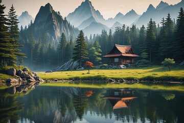 Fototapeta premium there is a cabin in the middle of a mountain with a lake