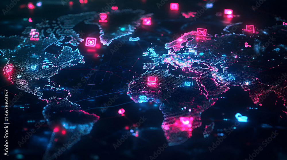 Poster global network map with glowing pink and blue data points