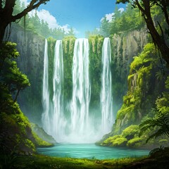 Naklejka premium Majestic waterfalls cascading into a serene turquoise pool surrounded by lush tropical greenery