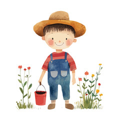 watercolor illustration of boy Gardener clipart isolated