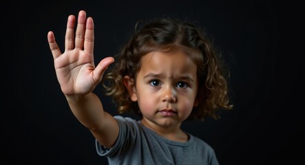 A solemn child holds up a hand in a gesture of refusal or warning, against a black background. Her serious expression conveys a powerful message of strength and awareness for child abuse prevention.	