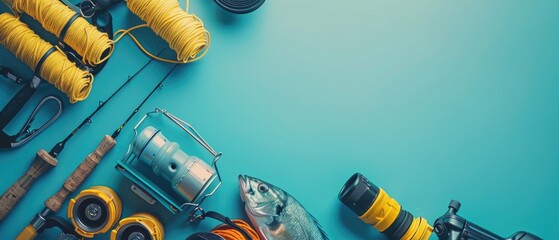 Fishing rod and hat on colorful background. Flat lay composition with copy space for outdoor design and print. Fishing and adventure concept. Top down view of fishing equipment or element. AIG55.