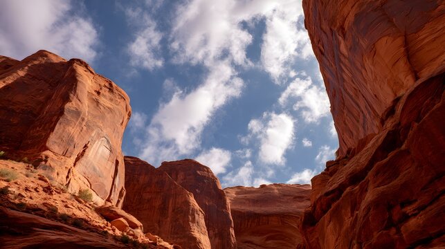 Looking up partly cloudy weather through canyon landscape blue sky fragments appearing between massive red rock walls shadows cast warm desert sky background cut out on isolated transparent background