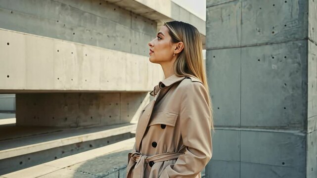 Stylish young woman wearing a classic trench coat poses against an urban concrete structure background looking into the distance.