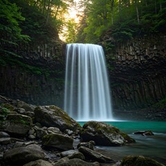 Fototapeta premium Majestic Abiqua Falls cascading into a turquoise pool surrounded by basalt columns and lush forest