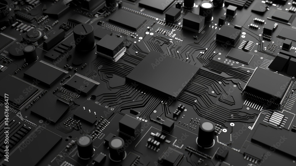 Poster close up of a circuit board with metallic material. macro photography of motherboard or microchip or