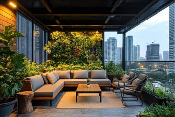 Fototapeta premium Modern urban rooftop lounge with lush vertical garden