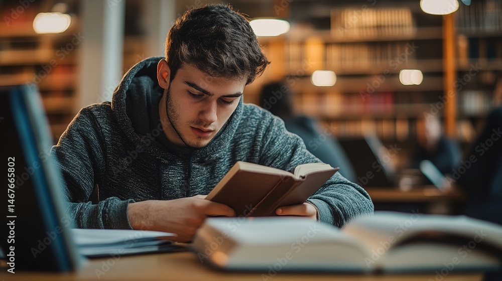 Poster a university student taking notes while referencing multiple books in a quiet study area.