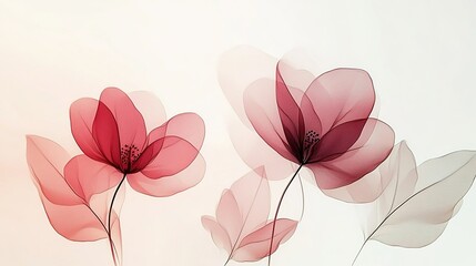 Fototapeta premium Watercolor painting of two pink flowers with leaves on a light background.
