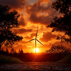 Obraz premium Wind turbine silhouette against deep orange sunset