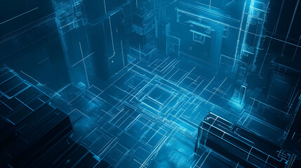 Fototapeta premium Glowing Blue Digital Cityscape: Futuristic Abstract Network Structure