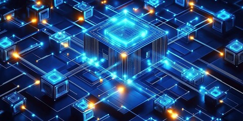 Obraz premium Digital art of a circuit board with glowing cubes in blue and orange.