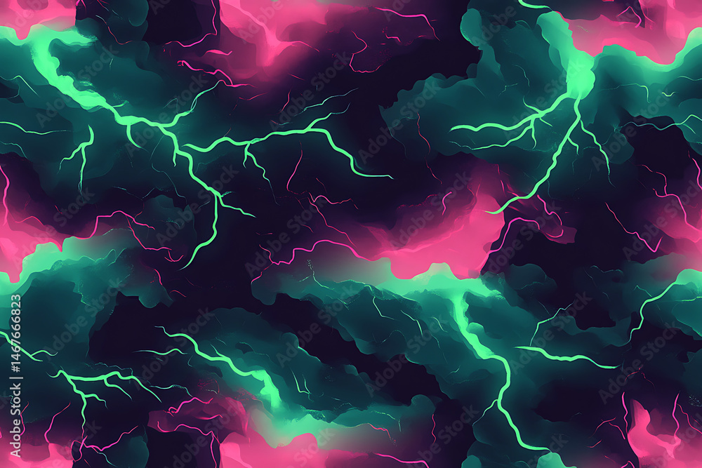 Poster vibrant abstract lightning storm pattern with neon colors and dynamic cloud formations