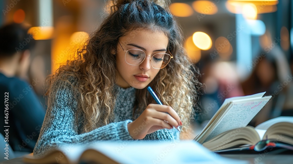 Poster a university student taking notes while referencing multiple books in a quiet study area.