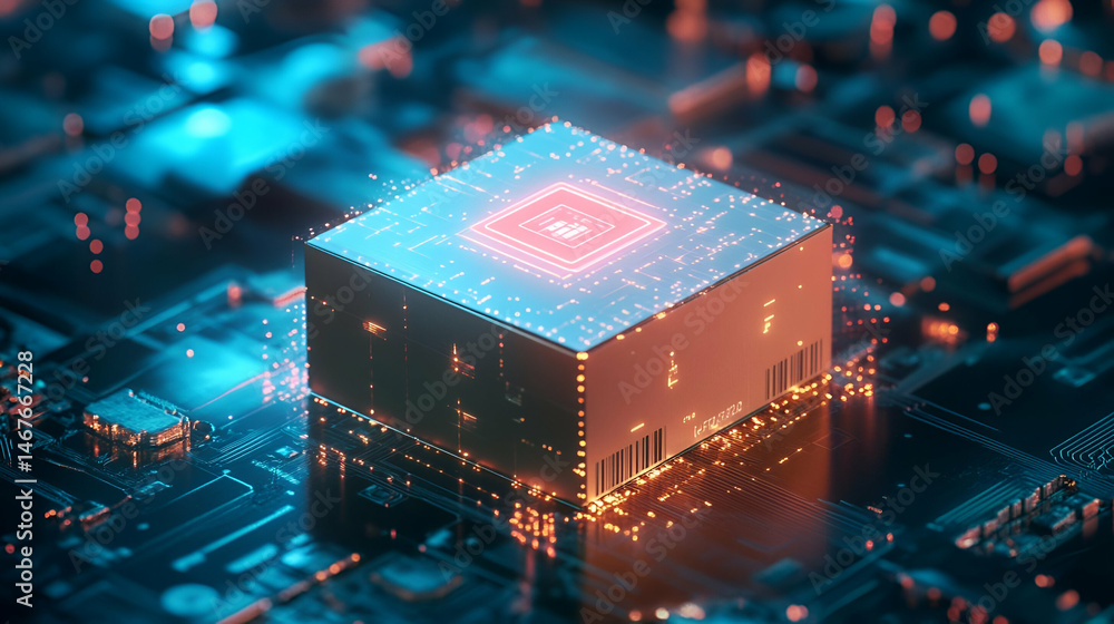 Poster glowing central processing unit on circuit board