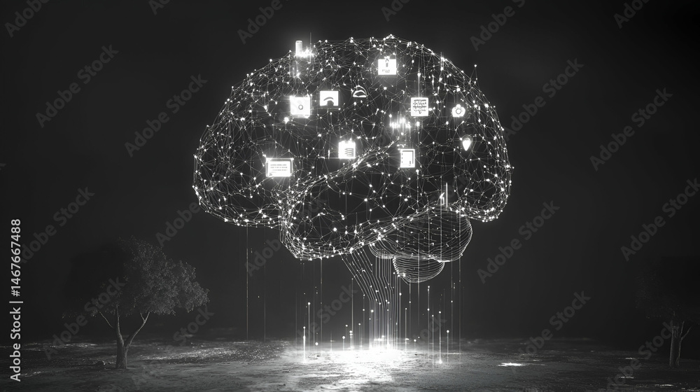 Poster glowing digital brain network in dark abstract background