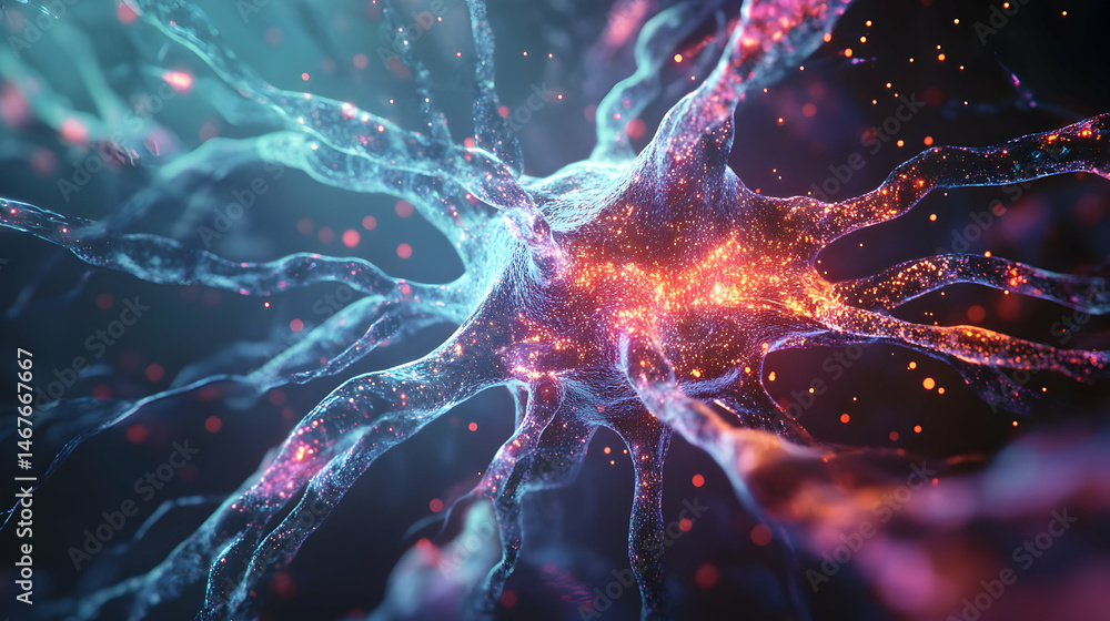 Poster abstract representation of neuron network with glowing particles and connection