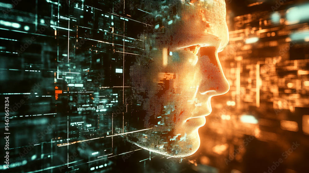 Poster glowing digital human face in a network of data streams