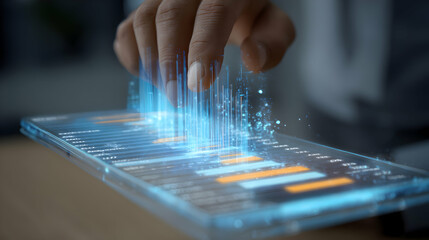 Exploring financial data on a transparent tablet with futuristic interface showing insights