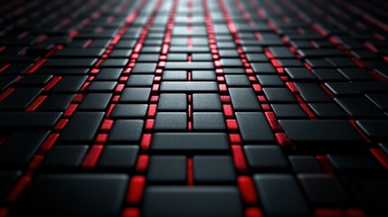 Intricate, dark gray and red, square grid pattern.  Perspective emphasizes depth