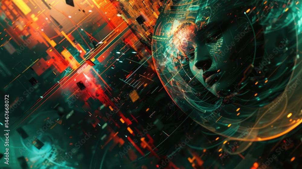 Poster abstract of complex glitch with broken pixel effect in cyber background use human shape and colorful