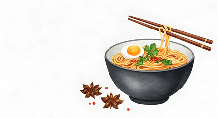 Delicious bowl of ramen noodles with egg and spices illustration