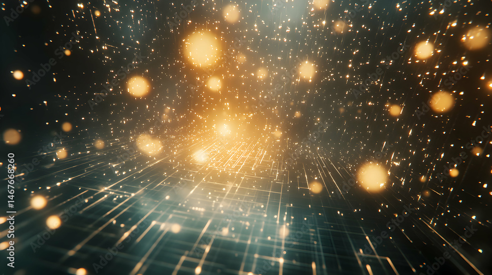 Poster abstract data stream visualization with gold particles and glowing grid lines