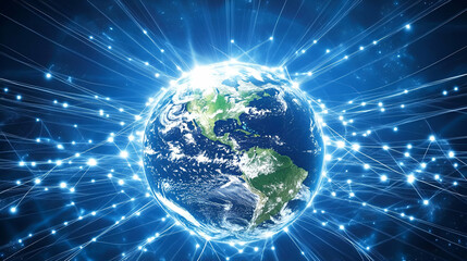 Fototapeta premium Glowing Earth with Bright Blue Rays and Digital Connections