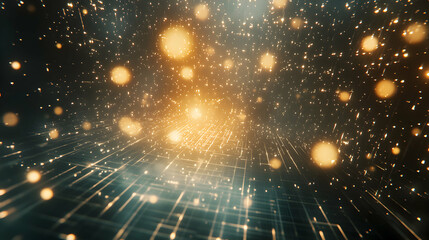 Obraz premium Abstract data stream visualization with gold particles and glowing grid lines