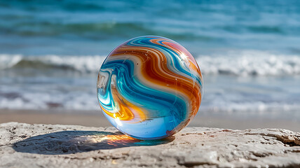 Obraz premium Macro Shot of a Glossy Glass Marble with Turquoise, Orange & White Swirls on a Textured Beige Surface