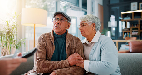 Worry, consulting and financial advisor with old couple in office for retirement fund, debt...