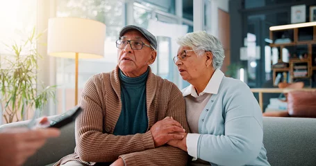 Fotobehang Worry, consulting and financial advisor with old couple in office for retirement fund, debt management and bankruptcy. Investment loss, mistake and broker with senior man and woman for joint account © peopleimages.com
