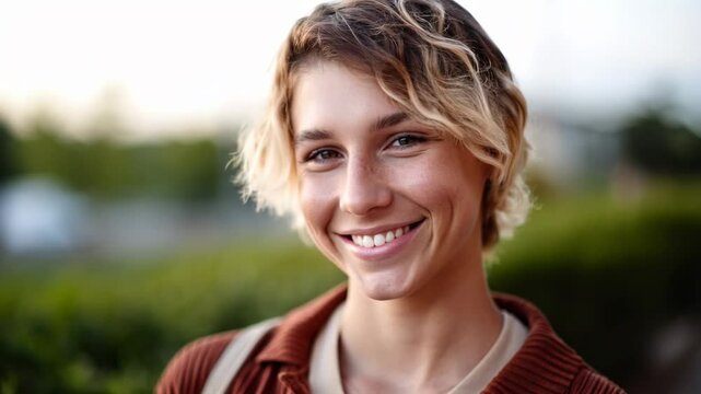 teenage trans high school student posing at his high school front yard	