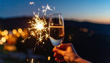 Mano sosteniendo una copa de champán con bengalas en una celebración nocturna al aire libre